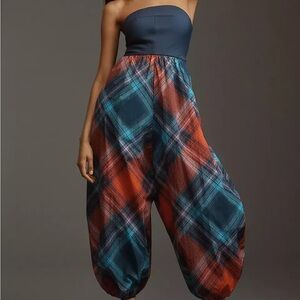 Anthropologie Mauve gathered ballon blue plaid strapless jumpsuit